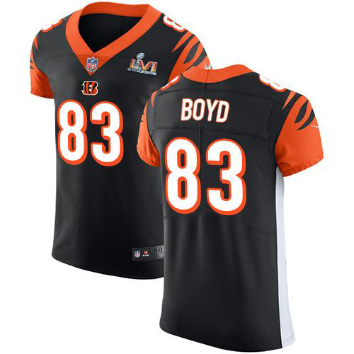 Bengals #83 Tyler Boyd Black Team Color Super Bowl LVI Patch Men's Stitched Vapor Untouchable Elite Jersey
