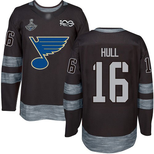 Adidas St. Louis Blues #16 Brett Hull Black 1917-2017 100th Anniversary Stanley Cup Champions Stitched Jersey Men's