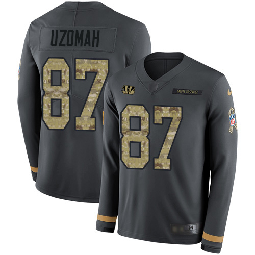 Cincinnati Bengals #87 C.J. Uzomah Anthracite Salute to Service Men's Stitched Limited Therma Long Sleeve Jersey Youth