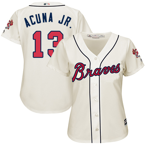 Atlanta Braves #13 Ronald Acuna Jr. Cream Alternate Women's Stitched Jersey Womens