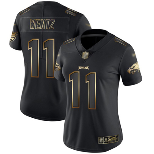 Philadelphia Eagles #11 Carson Wentz Black/Gold Women's Stitched Vapor Untouchable Limited Jersey Womens