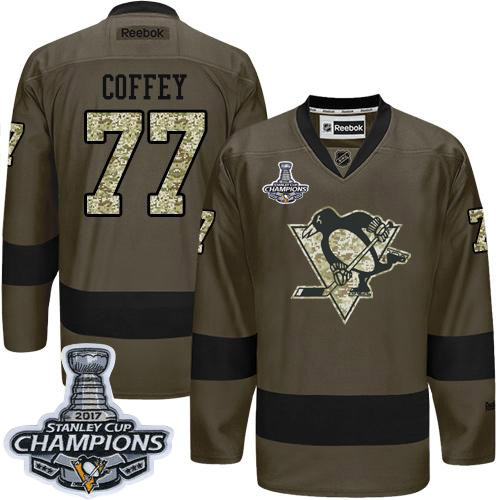 Pittsburgh Penguins #77 Paul Coffey Green Salute to Service 2017 Stanley Cup Finals Champions Stitched Jersey Men's