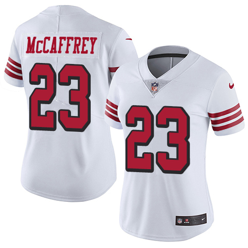 49ers #23 Christian McCaffrey White Rush Women's Stitched Vapor Untouchable Limited Jersey