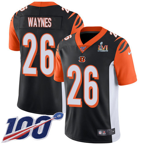 Cincinnati Bengals #26 Trae Waynes Black Team Color Super Bowl LVI Patch Youth Stitched 100th Season Vapor Limited Jersey Youth