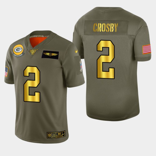 Green Bay Packers #2 Mason Crosby Men's Olive Gold 2019 Salute to Service 100 Limited Jersey Men's