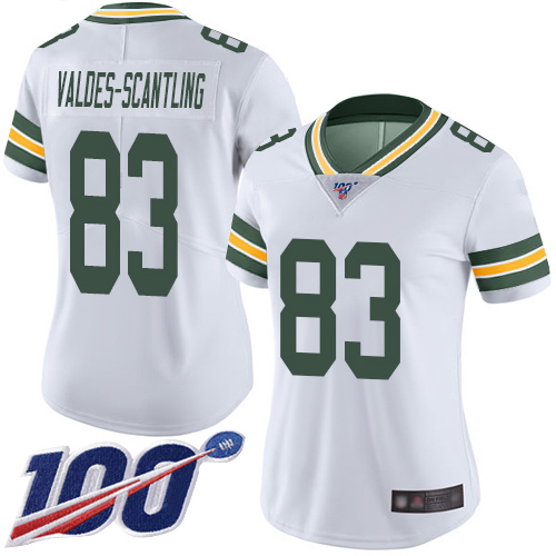 Green Bay Packers #83 Marquez Valdes-Scantling White Women's Stitched 100th Season Vapor Limited Jersey Womens