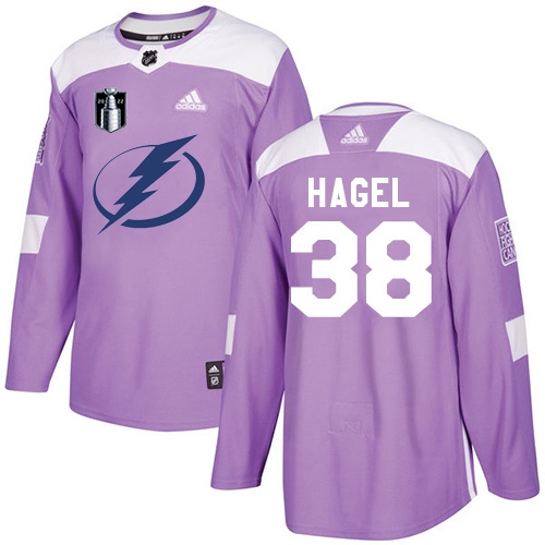 Adidas Tampa Bay Lightning #38 Brandon Hagel Purple Authentic 2022 Stanley Cup Final Patch Fights Cancer Stitched Youth Jersey Youth