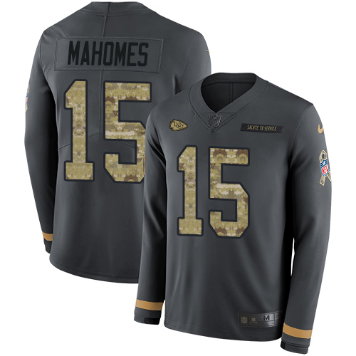 Chiefs #15 Patrick Mahomes Anthracite Salute To Service Men's Stitched Limited Therma Long Sleeve Jersey