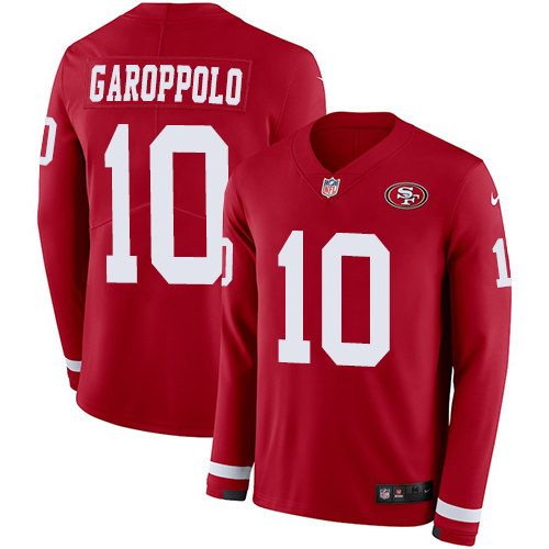 49ers #10 Jimmy Garoppolo Red Team Color Youth Stitched Limited Therma Long Sleeve Jersey