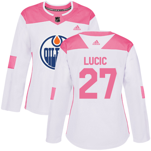 Adidas Edmonton Oilers #27 Milan Lucic White/Pink Authentic Fashion Women's Stitched Jersey Womens
