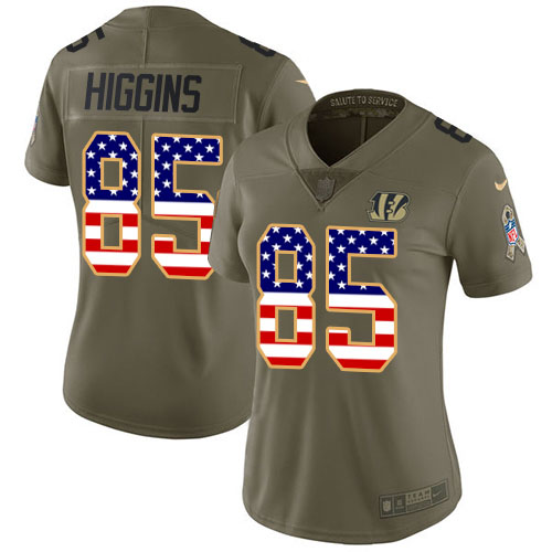 Bengals #85 Tee Higgins Olive/USA Flag Women's Stitched Limited 2017 Salute To Service Jersey