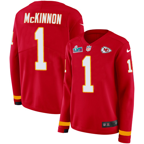 Chiefs #1 Jerick McKinnon Red Team Color Super Bowl LVII Patch Women's Stitched Limited Therma Long Sleeve Jersey