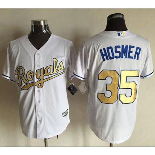 Kansas City Royals #35 Eric Hosmer White New Cool Base 2015 World Series Champions Gold Program Stitched Jersey Men's