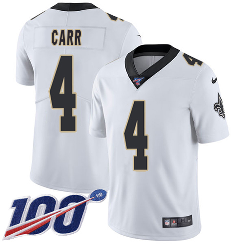 Saints #4 Derek Carr White Men's Stitched 100th Season Vapor Limited Jersey