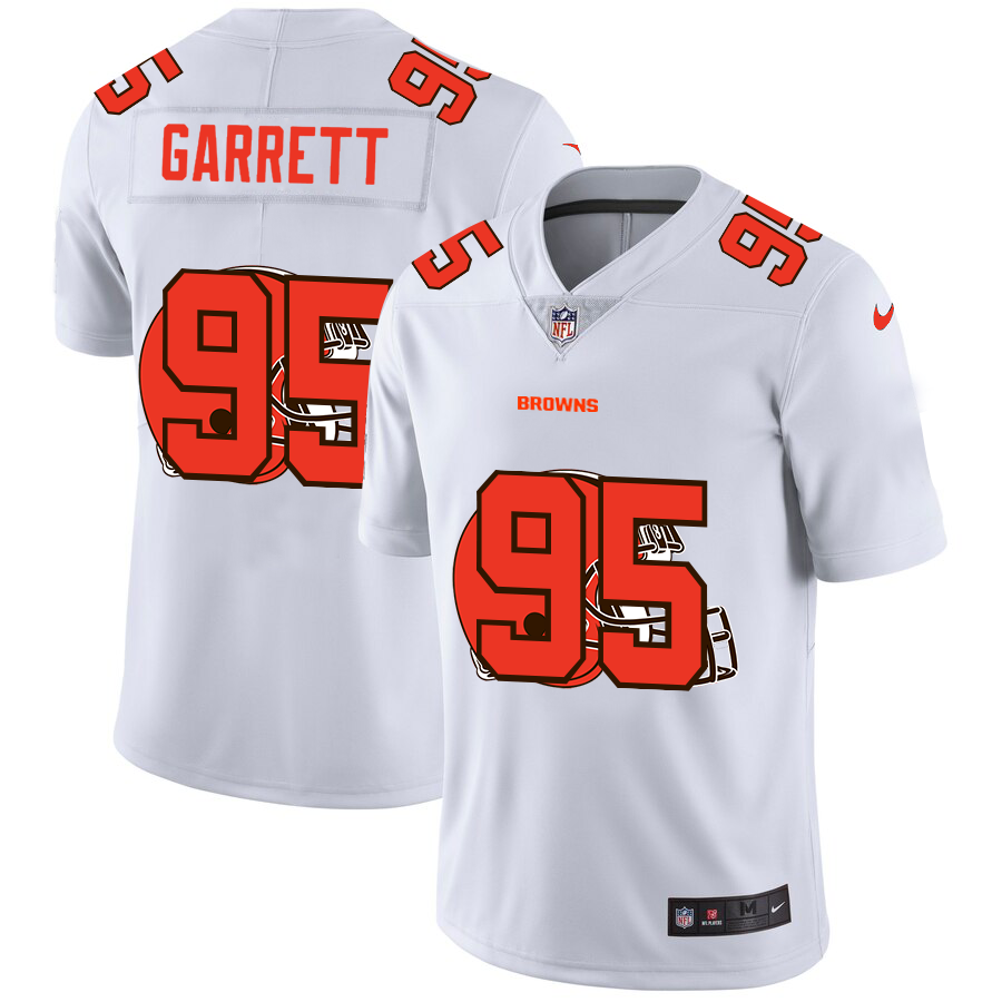 Cleveland Browns #95 Myles Garrett White Men's Team Logo Dual Overlap Limited Jersey