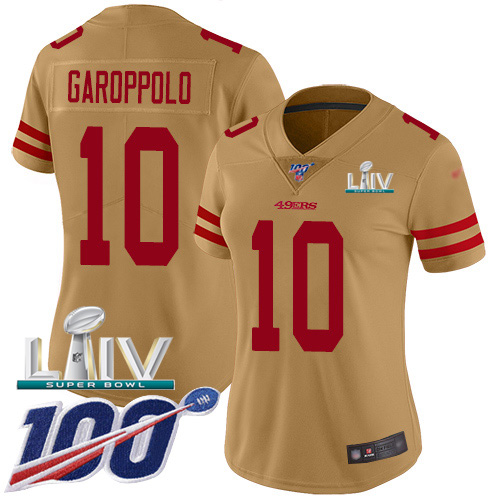 49ers #10 Jimmy Garoppolo Gold Super Bowl LIV 2020 Women's Stitched Limited Inverted Legend 100th Season Jersey
