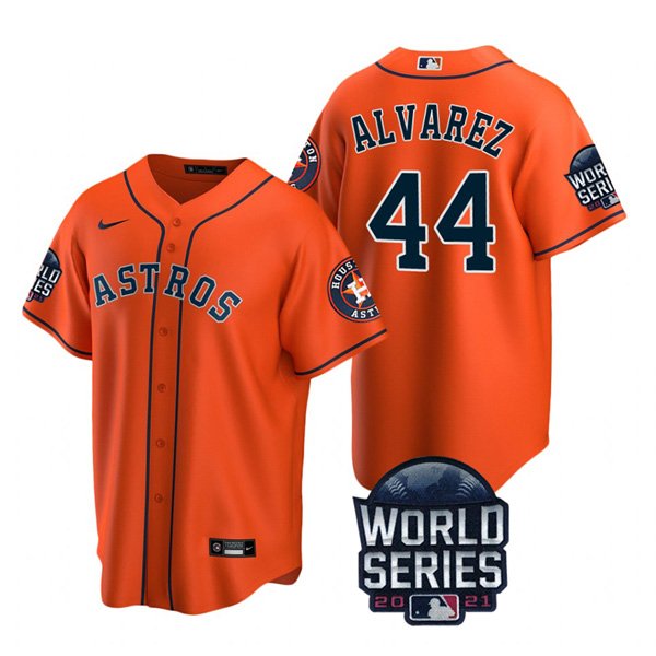 Houston Astros #44 Yordan Alvarez Men's 150th Anniversary 2021 World Series Game Jersey - Orange