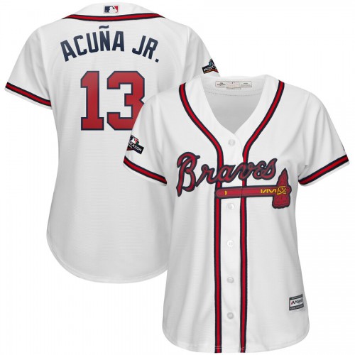 Atlanta Atlanta Braves #13 Ronald Acuna Jr. Majestic Women's 2019 Postseason Official Cool Base Player Jersey White Womens