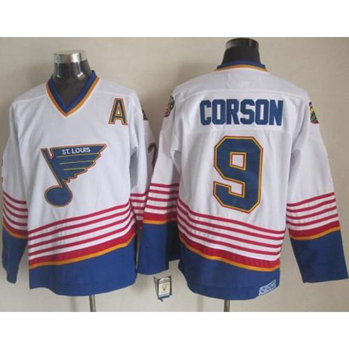 St. Louis Blues #9 Shayne Corson White/Light Blue CCM Throwback Stitched Jersey Men's
