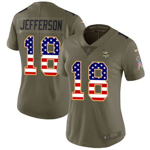 Vikings #18 Justin Jefferson Olive/USA Flag Women's Stitched Limited 2017 Salute To Service Jersey