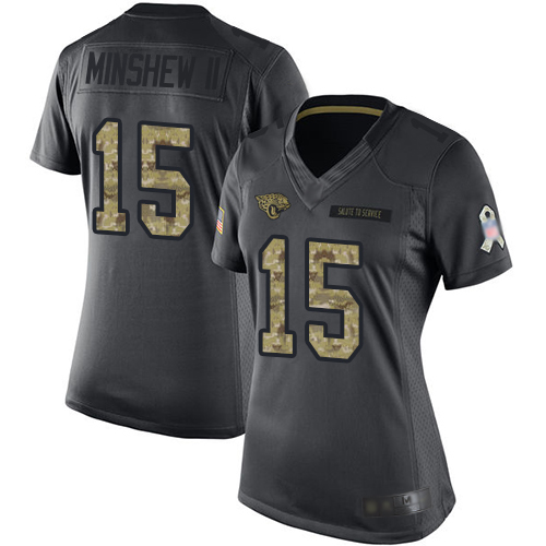 Jacksonville Jaguars #15 Gardner Minshew II Black Women's Stitched Limited 2016 Salute to Service Jersey Womens