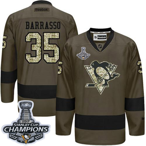 Pittsburgh Penguins #35 Tom Barrasso Green Salute to Service 2017 Stanley Cup Finals Champions Stitched Jersey Men's