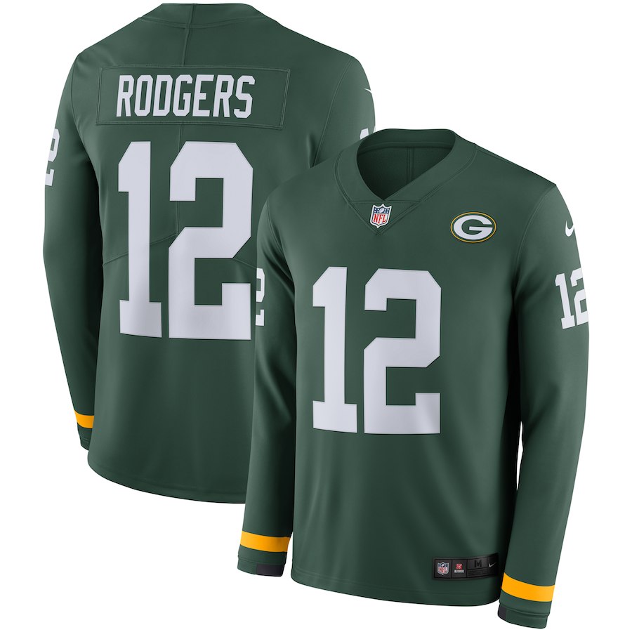 Men's Packers #12 Aaron Rodgers Green Team Color Men's Stitched Limited Therma Long Sleeve Jersey
