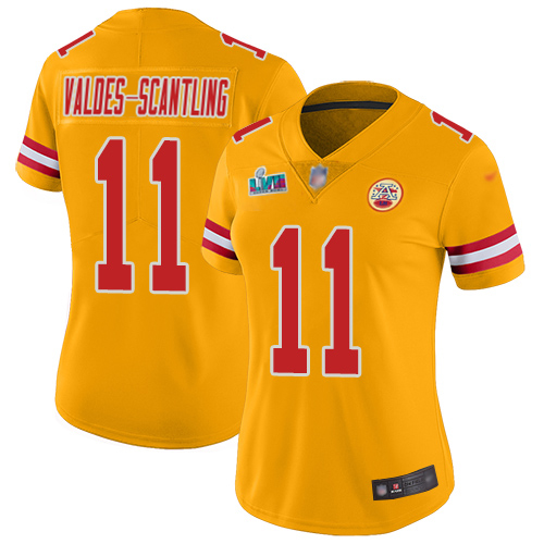 Chiefs #11 Marquez Valdes-Scantling Gold Super Bowl LVII Patch Women's Stitched Limited Inverted Legend Jersey