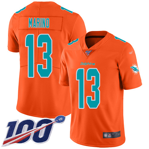 Dolphins #13 Dan Marino Orange Men's Stitched Limited Inverted Legend 100th Season Jersey