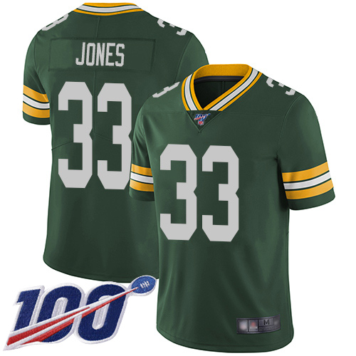 Packers #33 Aaron Jones Green Team Color Men's Stitched 100th Season Vapor Limited Jersey