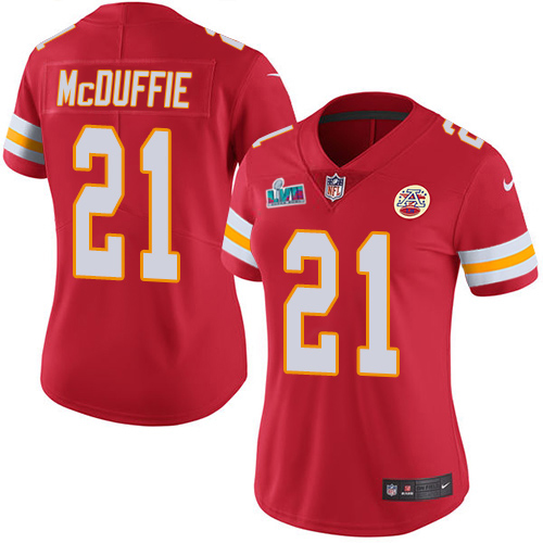 Chiefs #21 Trent McDuffie Red Team Color Super Bowl LVII Patch Women's Stitched Vapor Untouchable Limited Jersey