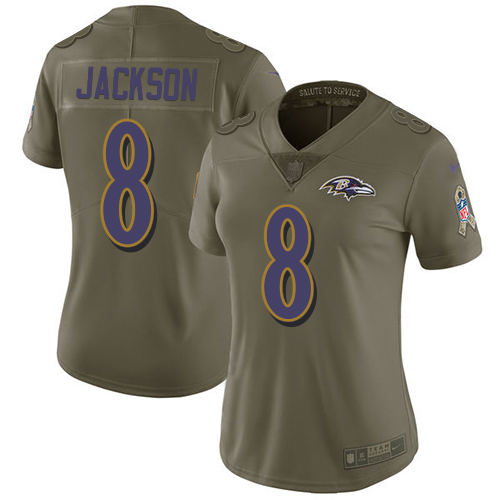 Ravens #8 Lamar Jackson Olive Women's Stitched Limited 2017 Salute To Service Jersey