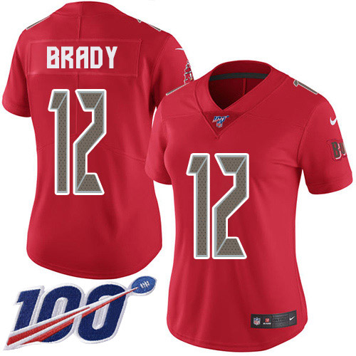 Buccaneers #12 Tom Brady Red Women's Stitched Limited Rush 100th Season Jersey