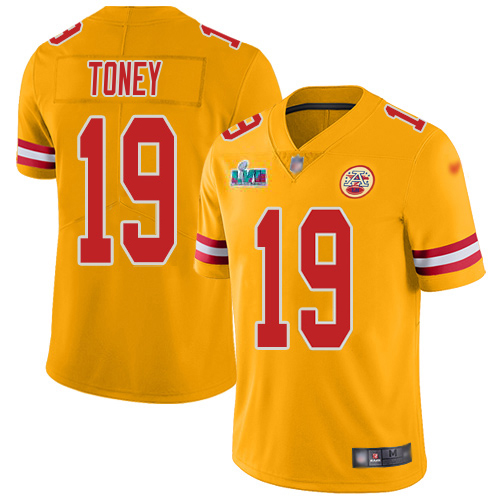 Chiefs #19 Kadarius Toney Gold Super Bowl LVII Patch Youth Stitched Limited Inverted Legend Jersey
