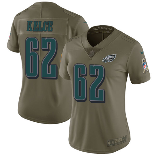 Eagles #62 Jason Kelce Olive Women's Stitched Limited 2017 Salute To Service Jersey