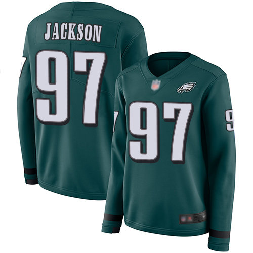 Philadelphia Eagles #97 Malik Jackson Midnight Green Team Color Women's Stitched Limited Therma Long Sleeve Jersey Womens