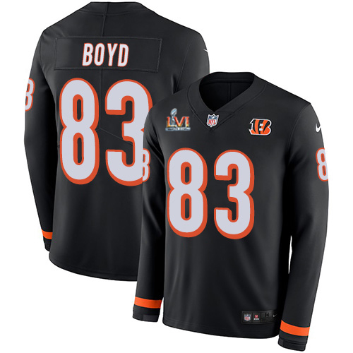 Bengals #83 Tyler Boyd Black Team Color Super Bowl LVI Patch Youth Stitched Limited Therma Long Sleeve Jersey