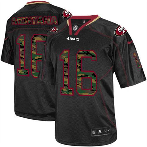 49ers #16 Joe Montana Black Men's Stitched Elite Camo Fashion Jersey