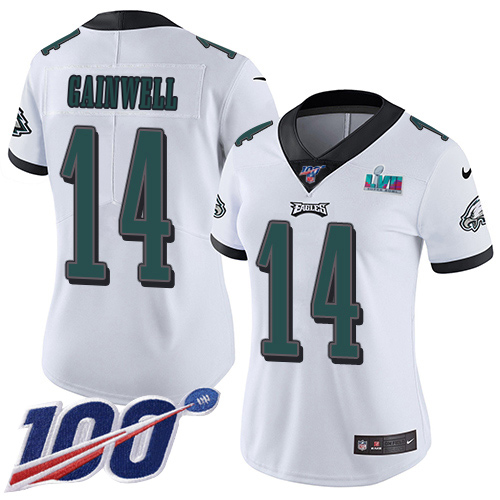 Eagles #14 Kenneth Gainwell White Super Bowl LVII Patch Women's Stitched 100th Season Vapor Untouchable Limited Jersey
