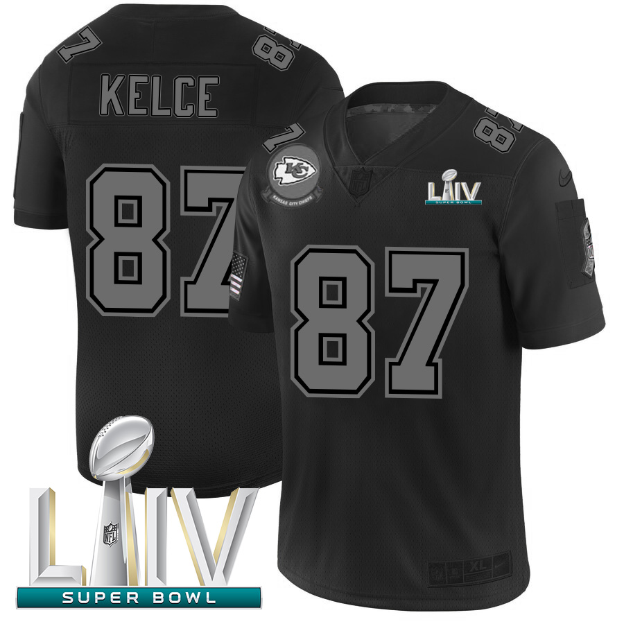 Kansas City Chiefs #87 Travis Kelce Men's Black Super Bowl LIV 2020 2019 Salute To Service Limited Stitched Jersey