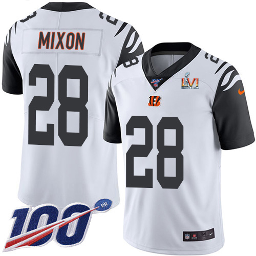 Bengals #28 Joe Mixon White Super Bowl LVI Patch Youth Stitched Limited Rush 100th Season Jersey