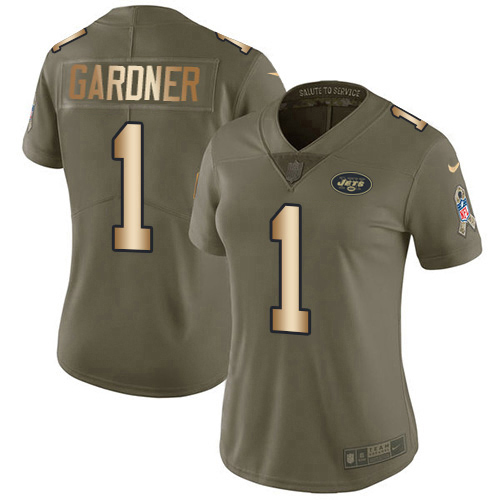 Jets #1 Ahmad Sauce Gardner Olive/Gold Women's Stitched Limited 2017 Salute To Service Jersey