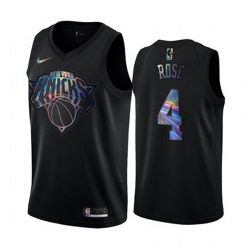 New York Knicks #4 Derrick Rose Mens Iridescent Holographic Collection Jersey - Black Mens
