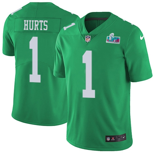 Eagles #1 Jalen Hurts Green Super Bowl LVII Patch Men's Stitched Limited Rush Jersey