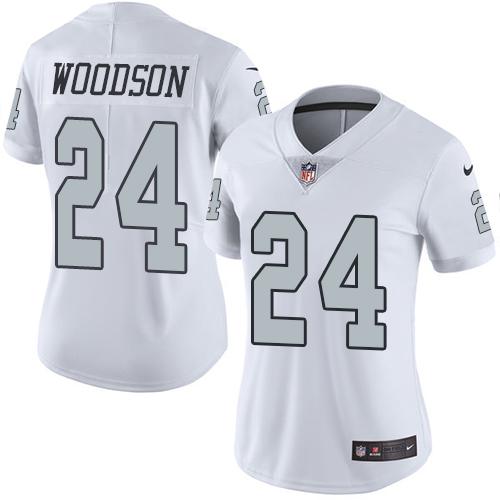 Raiders #24 Charles Woodson White Women's Stitched Limited Rush Jersey