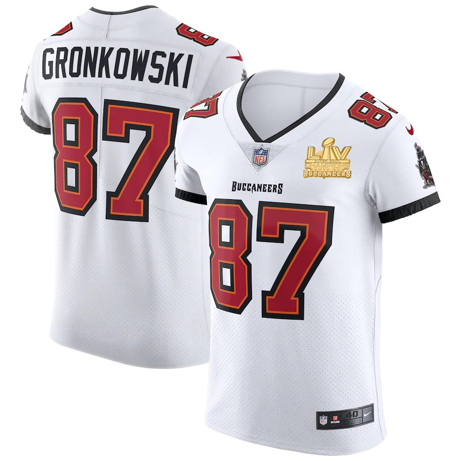 Tampa Bay Buccaneers #87 Rob Gronkowski Men's Super Bowl LV Champions Patch White Vapor Elite Jersey