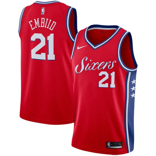 Philadelphia 76ers #21 Joel Embiid Red Swingman Statement Edition Jersey Mens