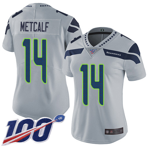 Seahawks #14 D.K. Metcalf Grey Alternate Women's Stitched 100th Season Vapor Limited Jersey