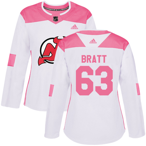 Adidas New Jersey Devils #63 Jesper Bratt White/Pink Authentic Fashion Women's Stitched Jersey Womens
