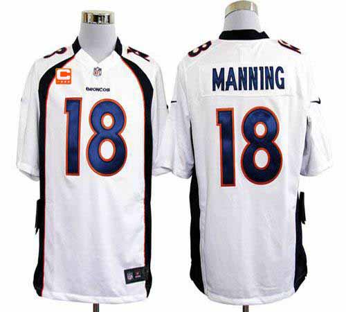 Broncos #18 Peyton Manning White With C Patch Men's Stitched Game Jersey